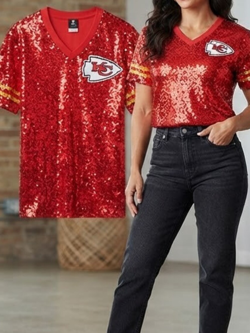 NWT NFL Team Apparel Kansas City Chiefs Red Sequin Jersey Top Medium